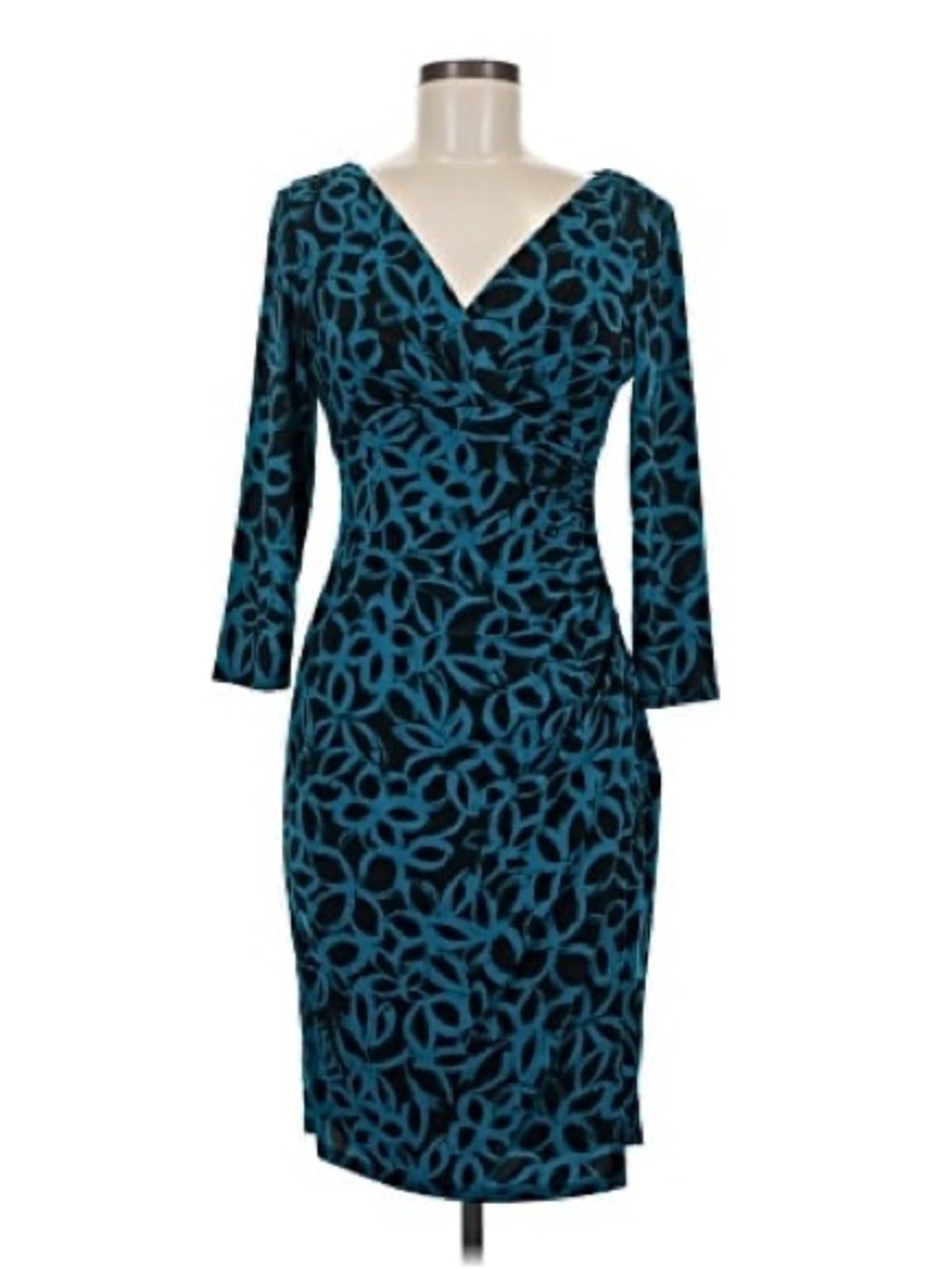 Ralph Lauren Teal and Black Long Sleeve Patterned Midi Dress